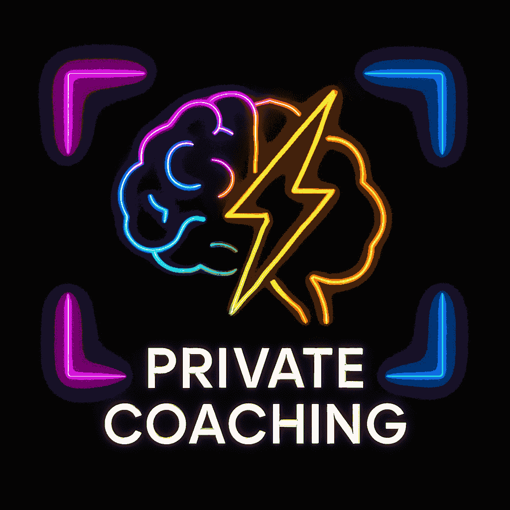Neon brain and lightning bolt icon with 'Private Coaching' text, representing Business Growth Coaching - 1-on-1 Coaching | Vendor Access service.