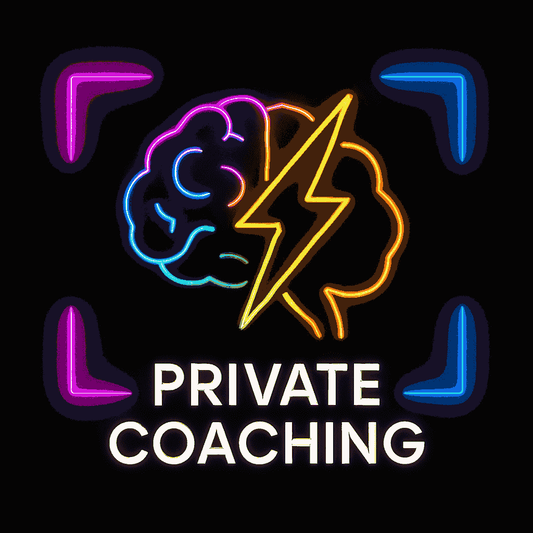 Neon brain and lightning bolt icon with 'Private Coaching' text, representing Business Growth Coaching - 1-on-1 Coaching | Vendor Access service.